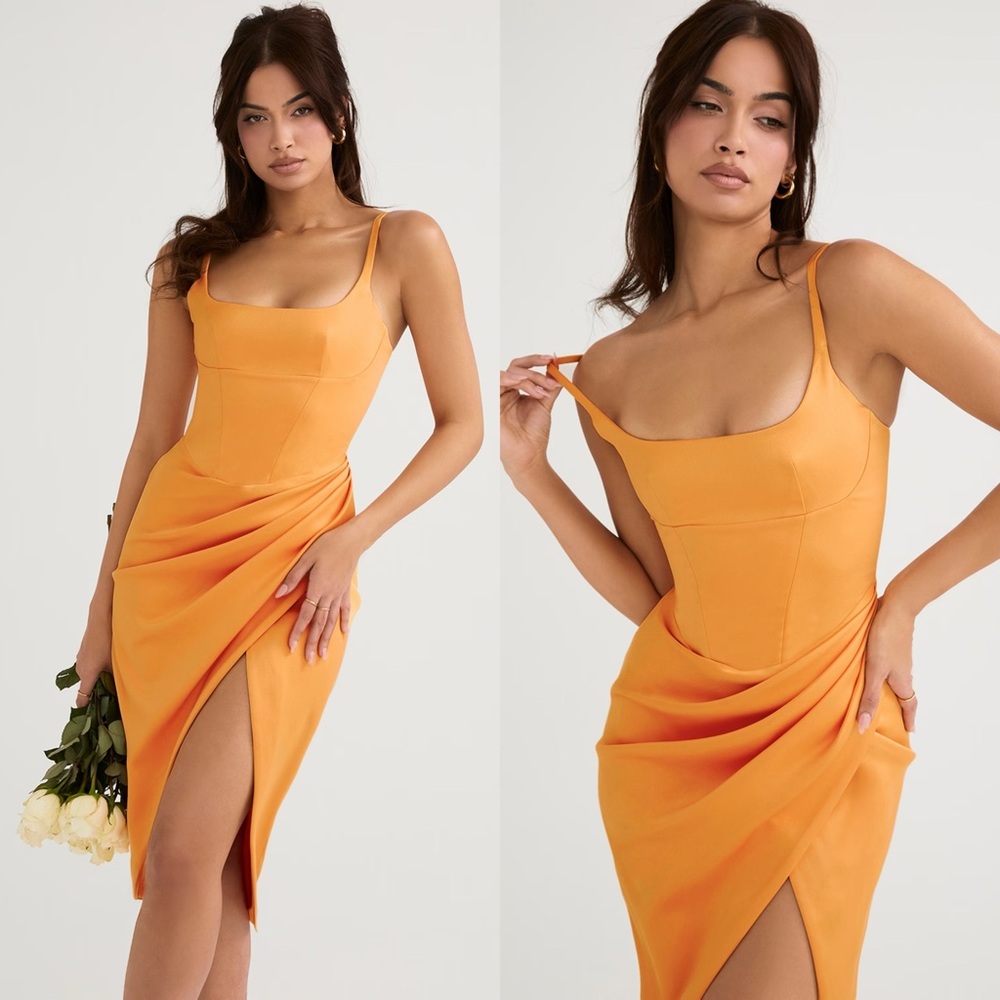 House of CB Bianca tangerine Satin Pleated Corset Midi Dress